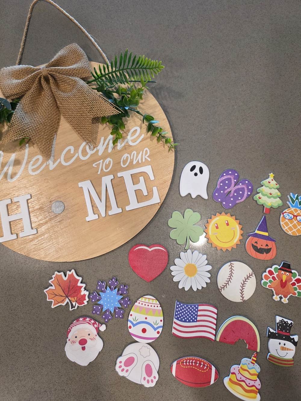 Amazon Neutral Wood Welcome Door Hanger with Colorful Holiday Sticker Set